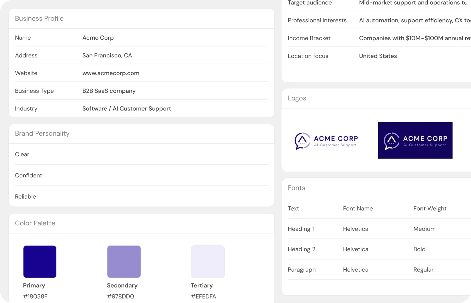 Business profile and knowledge base Business profile and knowledge base